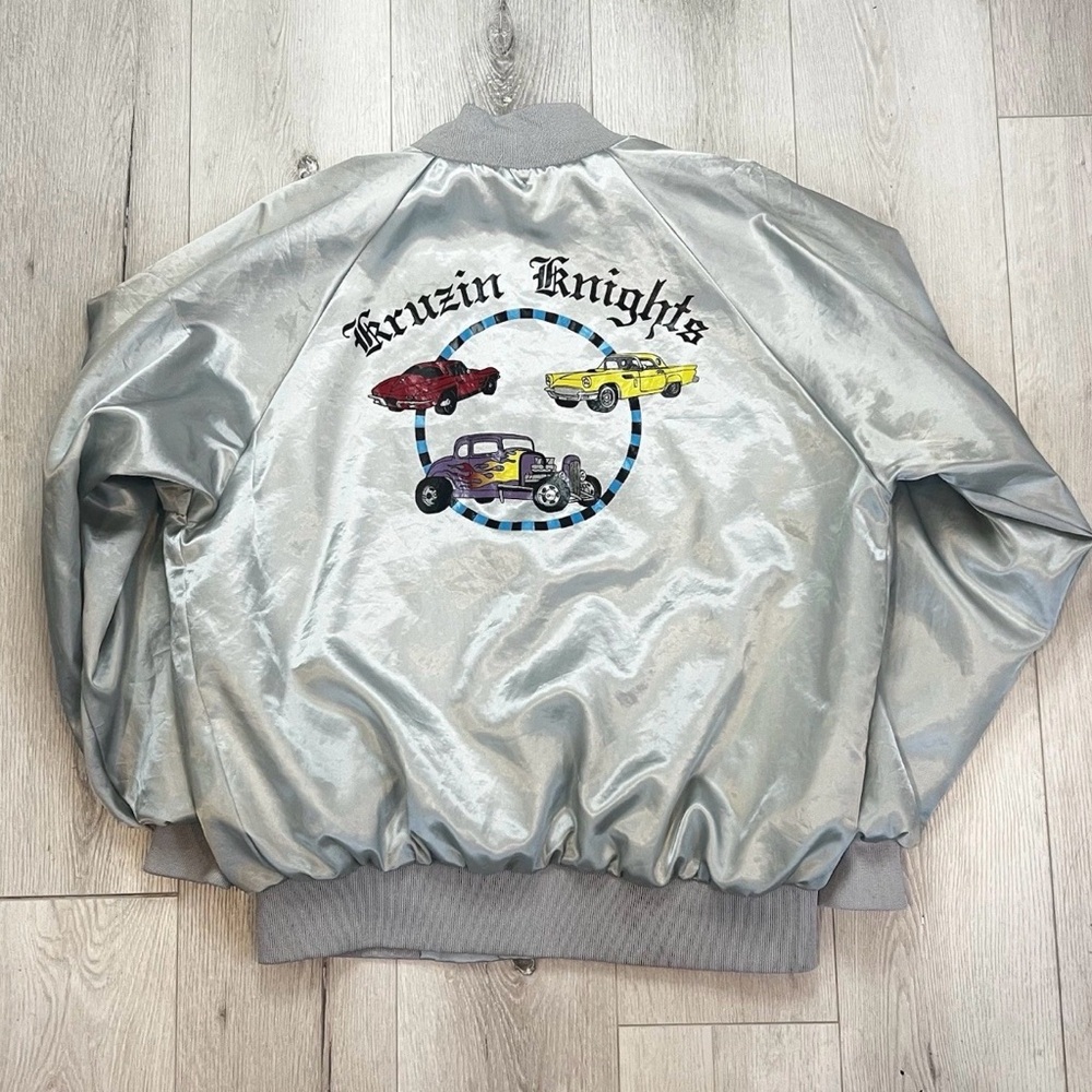 Vintage Auburn Satin Bomber Jacket Light Teal Embroidered